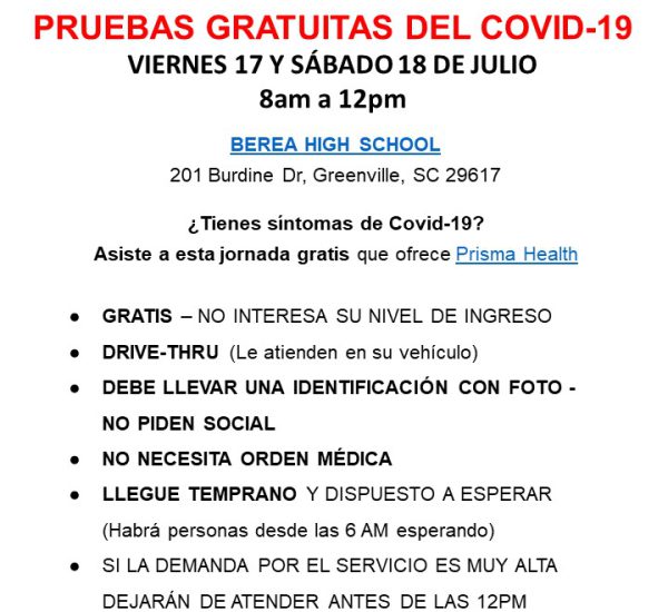 Pruebas gratuitas de Covid-19 en Greenville, Carolina del Sur. 17 y 18 de julio – 8 AM a 12 PM