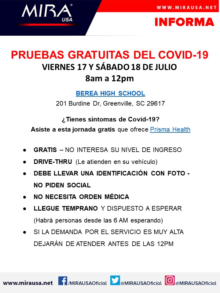 Pruebas gratuitas de Covid-19 en Greenville, Carolina del Sur. 17 y 18 de julio – 8 AM a 12 PM