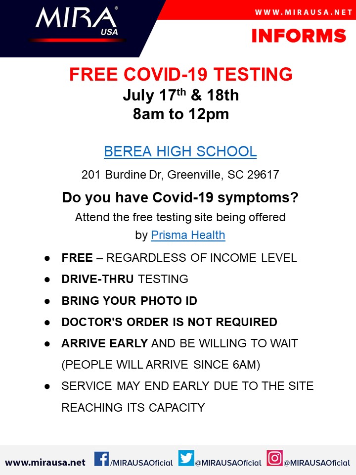 Free Covid-19 Testing in Greenville, South Carolina – July 17th & 18th – 8 AP to 12 PM
