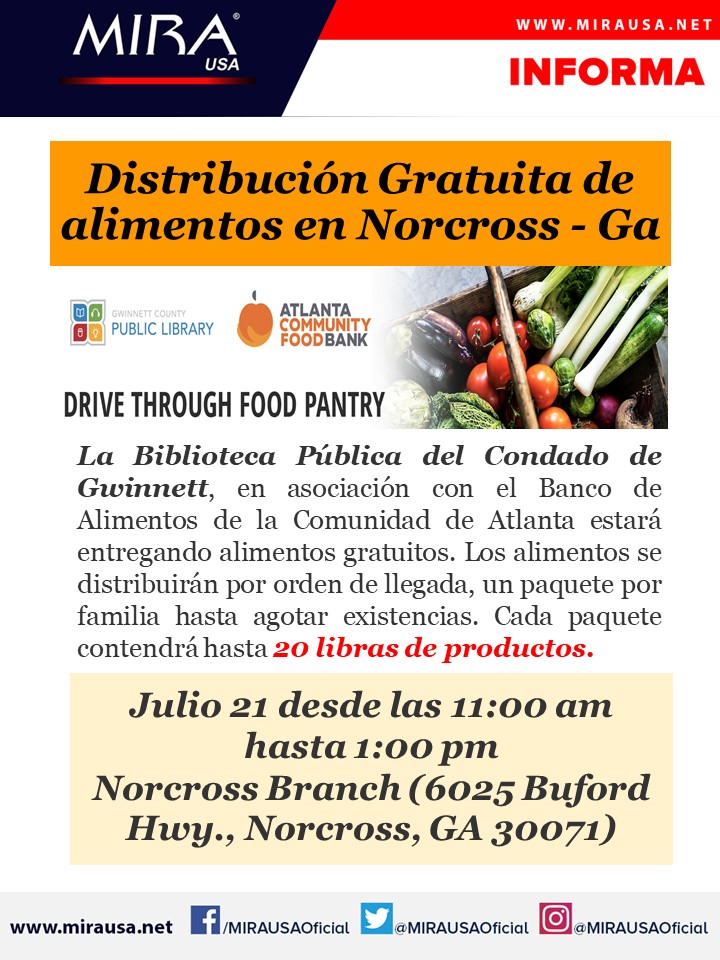 Distribución gratuita de alimentos en Norcross – GA – 21 de julio 11am a 1pm
